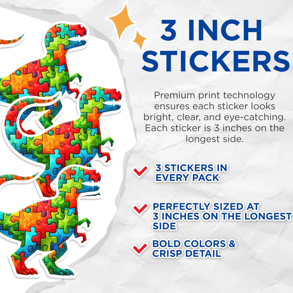 (3 Pack) Dinosaur Puzzle Decals - Autism Awareness - Laptop Decal - 3 Inches On Longest Side - Easy Peel & Apply - Made in USA - 3MCS0590