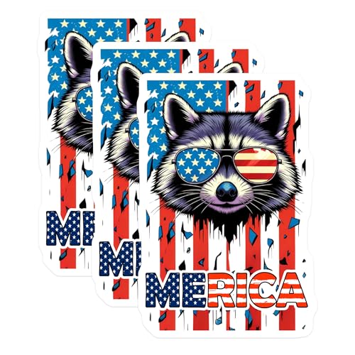 (3 Pack) American Raccoon Decals - Patriotic Animal - USA Flag Laptop Decal - 3 Inches On Longest Side - Easy Peel & Apply - Made in USA - 3MCS4674