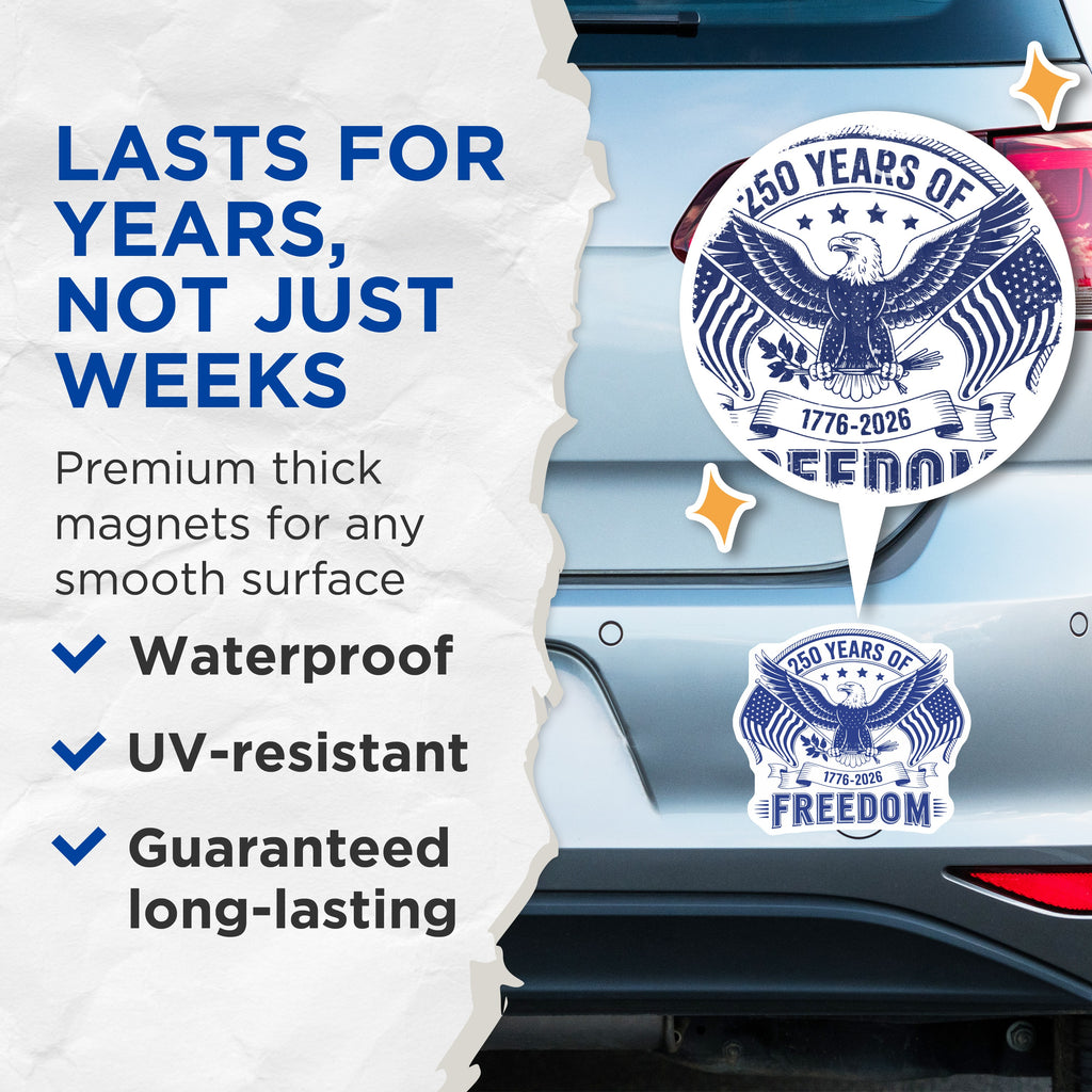 (2 Pack) 250 Years of Freedom Magnets - American Eagle - Patriotic Decor - 1776 2026 Anniversary - USA Pride - 5 Inches On Longest Side - Thick Durable Magnet - Made in USA - MAG37560
