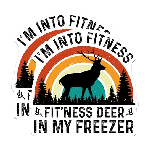 (2 Pack) Fitness Deer Sticker - Funny Deer Hunting Sticker - Outdoor Adventure Decal Sticker - 5" On Longest Side - Sticks to Smooth Flat Surfaces - Made in USA - BMCS5104