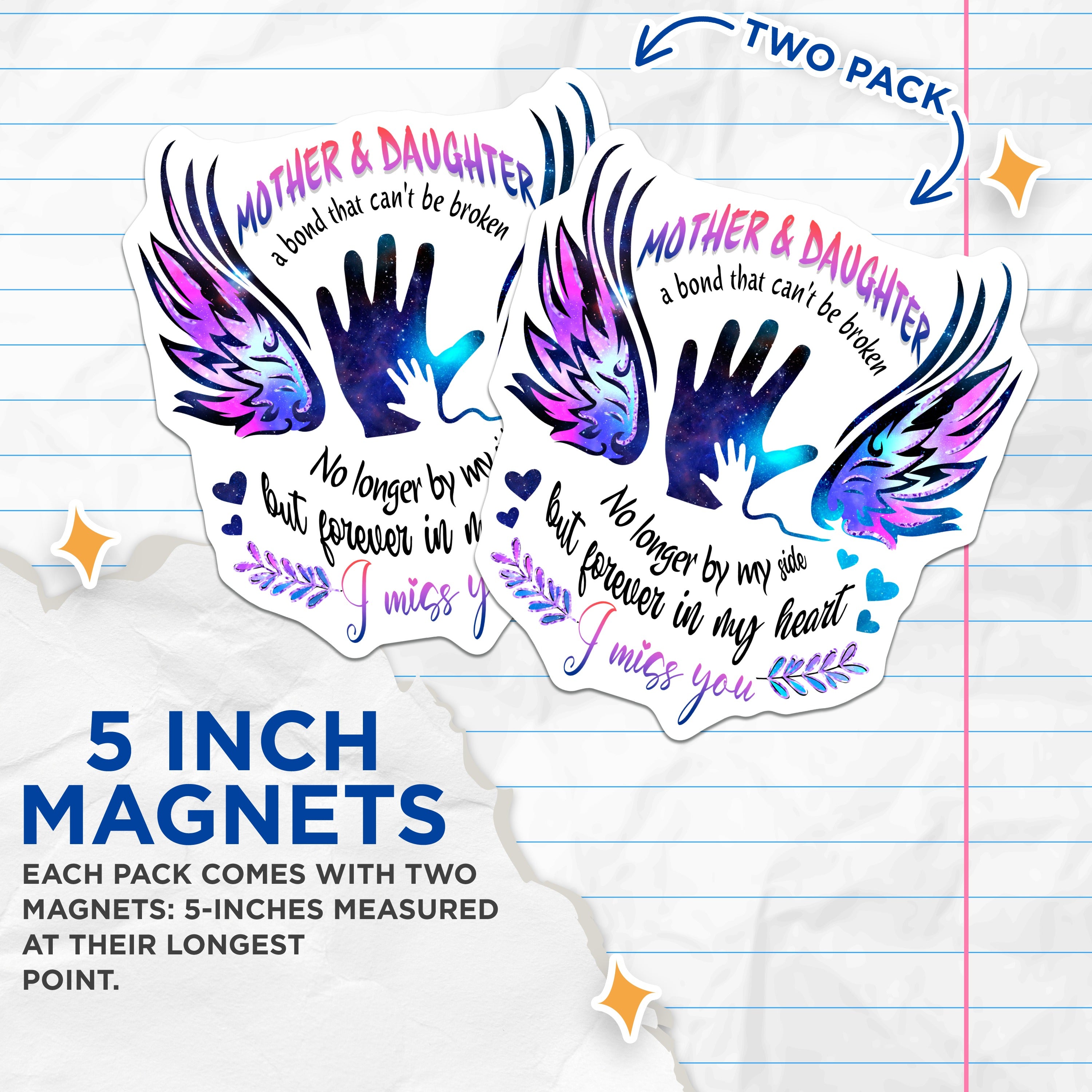 (2 Pack) Mother Daughter Magnets - Memorial Remembrance Decor - Celestial Bond Keepsake for Loved Ones - 5 Inches On Longest Side - Thick Durable Magnet - Made in USA - MAG37856