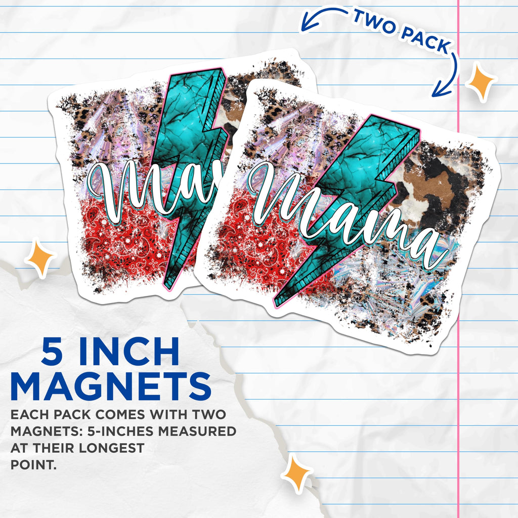 (2 Pack) Mama Lightning Bolt Magnets - Western Cow Print Leopard Red Bandana - Trendy Mom Refrigerator Decor - 5 Inches On Longest Side - Thick Durable Magnet - Made in USA - MAG29878