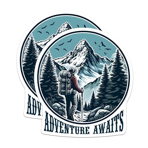 (2 Pack) Adventure Awaits Magnets - Hiking Mountain Magnets - Outdoorsy Magnets - 5" On Longest Side - for Cars, Refrigerators, Toolboxes, Lockers - Made in USA BMCS3264