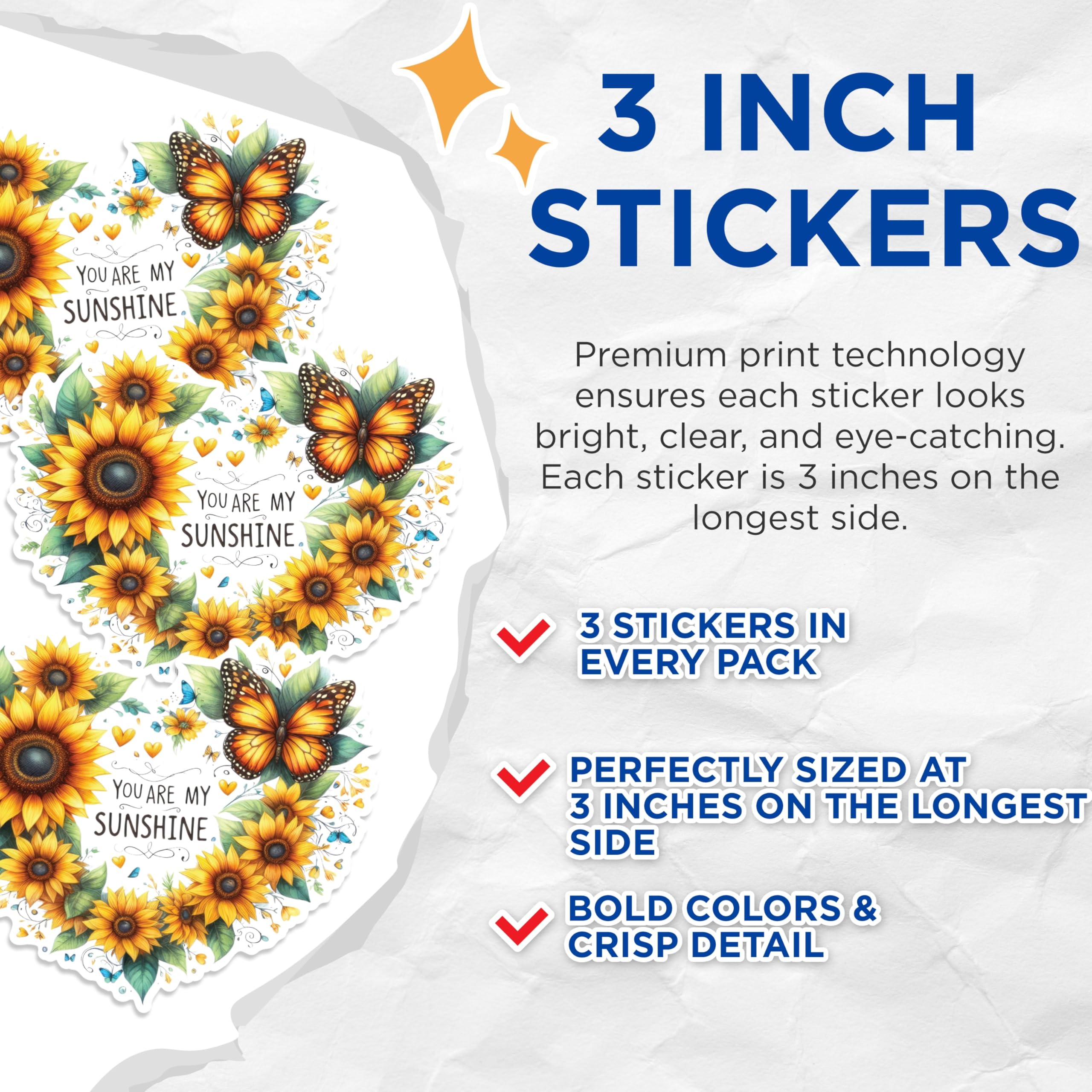 (3 Pack) Sunflower Decals - Butterfly Decal - You are My Sunshine Decal - 3 Inches On Longest Side - Easy Peel & Apply - Made in USA - 3MCS1426