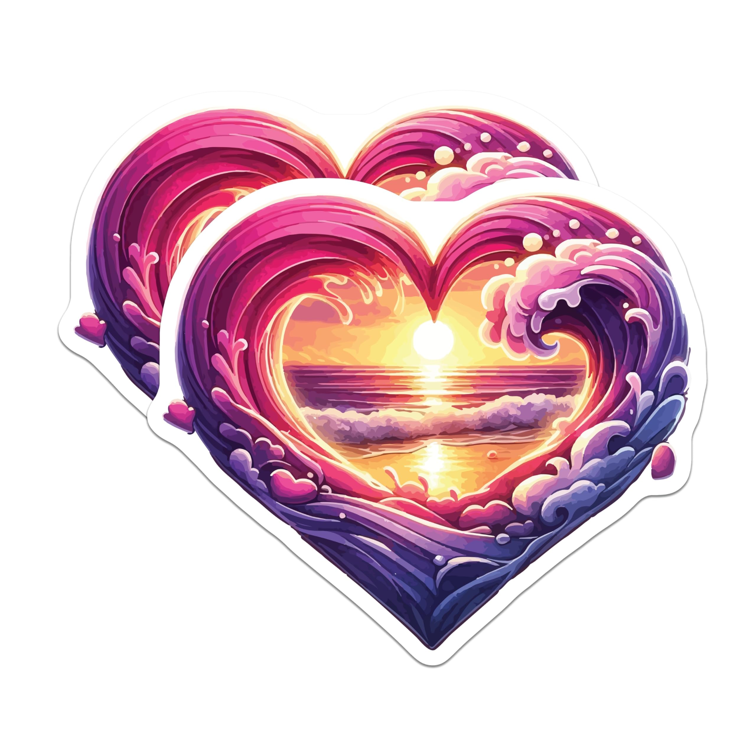 (2 Pack) Heart Ocean Sunset Magnets - Vibrant Beach Waves Art - Tropical Coastal Love Symbol Decor - 5 Inches On Longest Side - Thick Durable Magnet - Made in USA - MAG19533