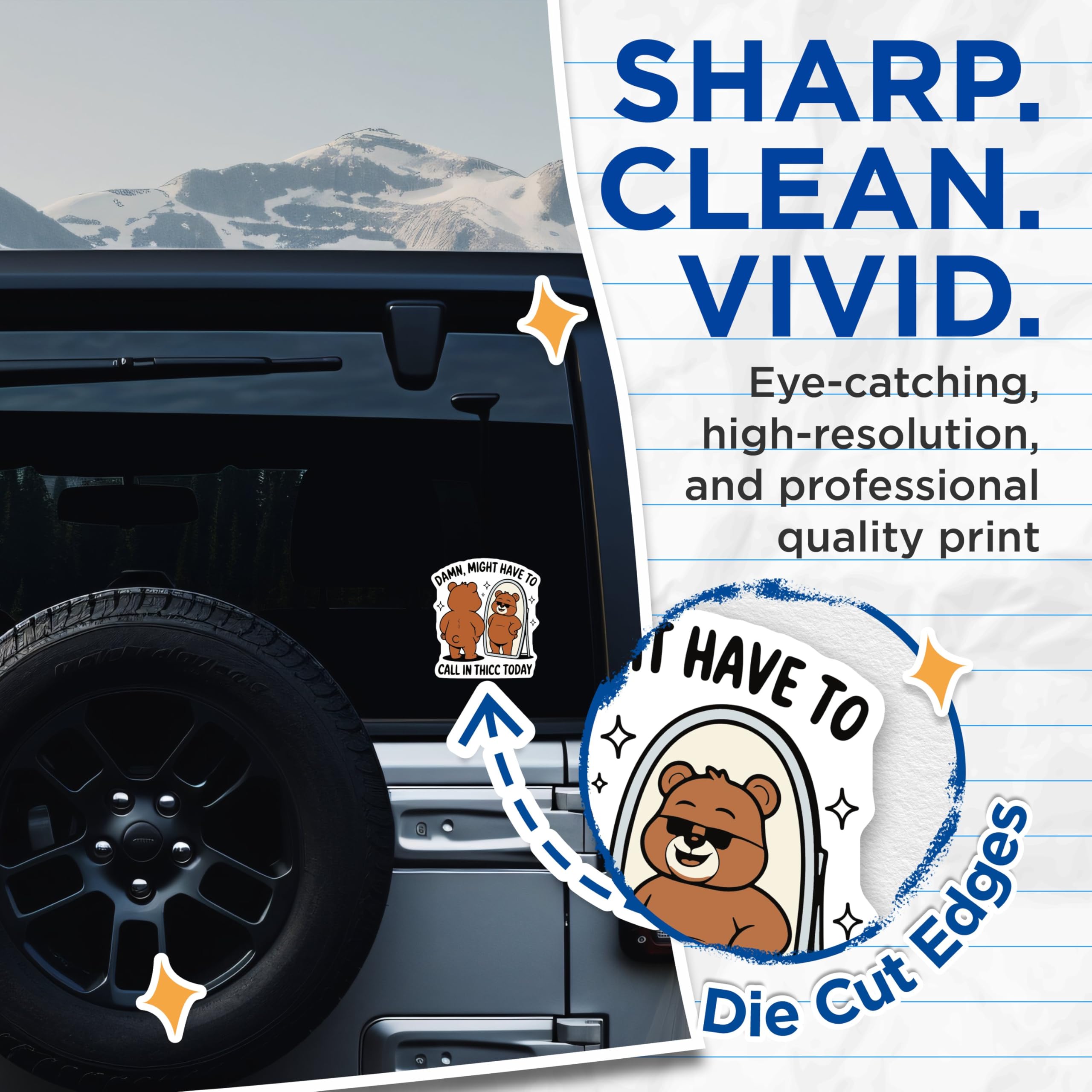 (2 Pack) Funny Bear Stickers - Bear Memes Stickers - Call in Thicc Stickers - 5" On Longest Side - Sticks to Any Smooth Flat Surface - Made in USA - BMCS3439