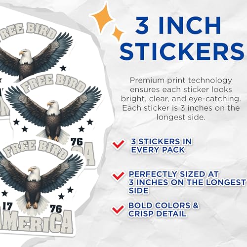 (3 Pack) American Eagle Decals - Free Bird 1776 - Patriotic Laptop Decals - 3 Inches On Longest Side - Easy Peel & Apply - Made in USA - 3MCS6175