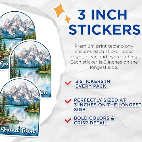 (3 Pack) Grand Teton Decals - Mountain Landscape - National Park Decal - 3 Inches On Longest Side - Easy Peel & Apply - Made in USA - 3MCS0450