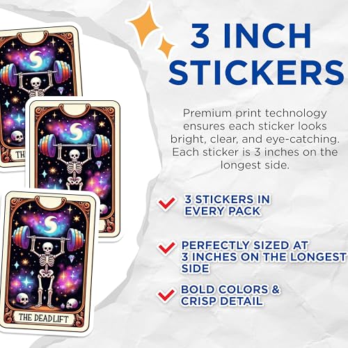 (3 Pack) Deadlift Skeleton Decals - Gym Tarot Card - Fitness Decals - 3 Inches On Longest Side - Easy Peel & Apply - Made in USA - 3MCS4150