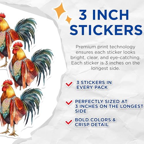 (3 Pack) Rooster Decals - Colorful Rooster - Laptop Decals - 3 Inches On Longest Side - Easy Peel & Apply - Made in USA - 3MCS8276