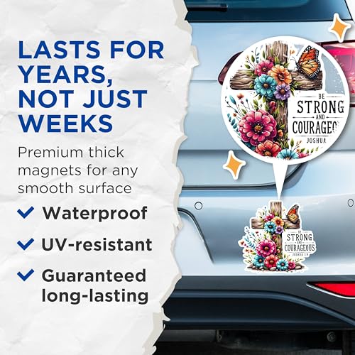 (2 Pack) Be Strong and Courageous Magnets - Joshua 1:9 Magnets - Floral Cross Magnets - Inspirational Scripture Magnets- 5" On Longest Side - for Fridges, Toolboxes, Cars - Made in USA - MAG2843