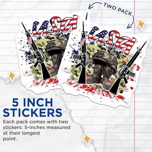 (2 Pack) USA Military Stickers - Patriotic Stickers - Army Veteran Stickers - 5" On Longest Side - Sticks to Smooth Flat Surfaces - Made in USA - BMCS6026
