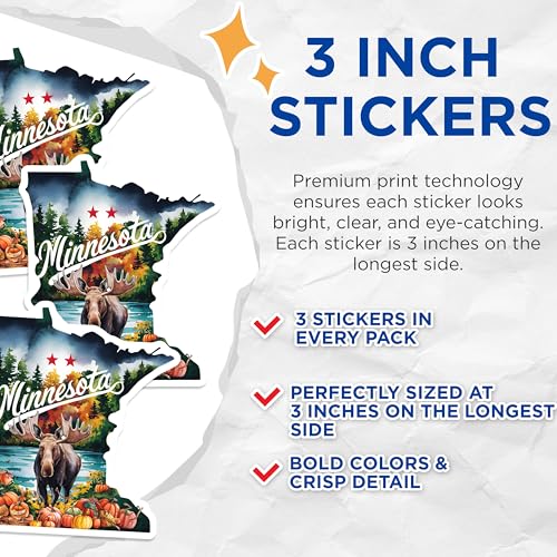 (3 Pack) Minnesota Decals - Moose and Pumpkins - Laptop Decal- State Pride- 3 Inches On Longest Side - Easy Peel & Apply - Made in USA - 3MCS5076
