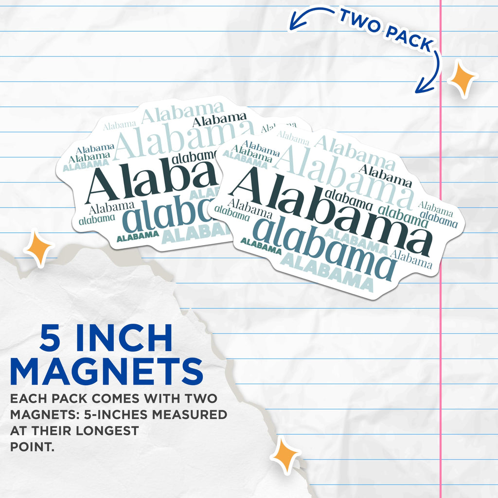 (2 Pack) Alabama Word Art Magnets - State Pride Decor - Southern Home Souvenir - 5 Inches On Longest Side - Thick Durable Magnet - Made in USA - MAG19291