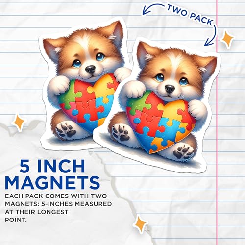 (2 Pack) Adorable Dog Magnet - Heart Puzzle Design for Refrigerator - Kitchen Decor - 5" On Longest Side - Sticks to Smooth Flat Surfaces - Made in USA - MAG9476