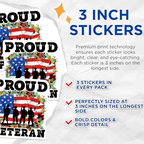 (3 Pack) Proud Veteran Decals - American Flag - Military Silhouette - 3 Inches On Longest Side - Easy Peel & Apply - Made in USA - 3MCS4477
