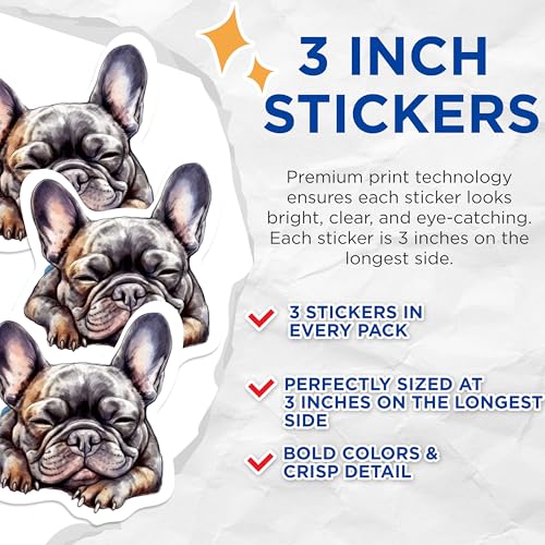 (3 Pack) French Bulldog Decals - Sleepy Puppy Stickers - Cute Dog Laptop Decor - 3 Inches On Longest Side - Easy Peel & Apply - Made in USA - 3MCS1060