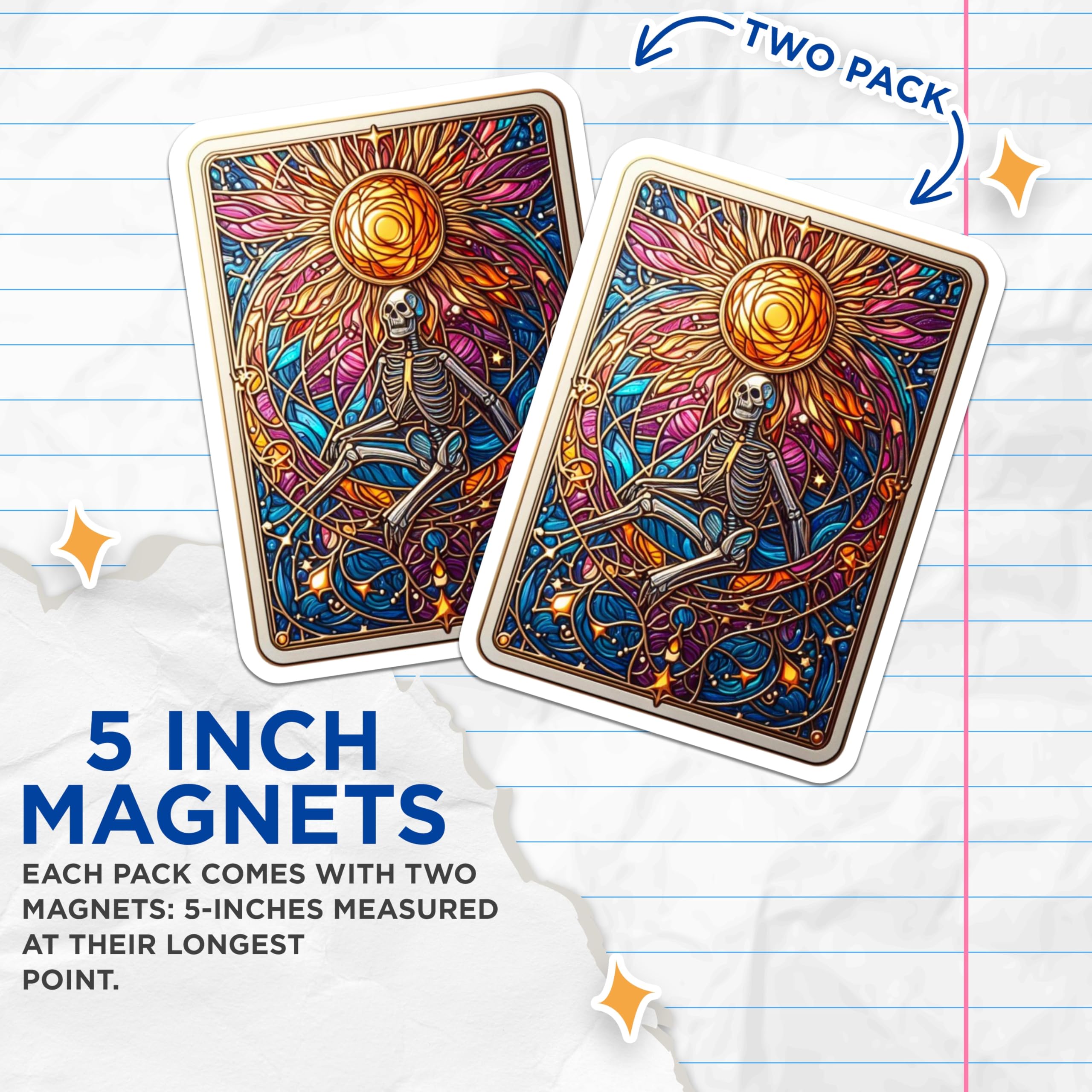 (2 Pack) Stained Glass Skeleton Magnets - Mystical Sun Art - Vibrant Cosmic Decor - 5 Inches On Longest Side - Thick Durable Magnet - Made in USA - MAG21042