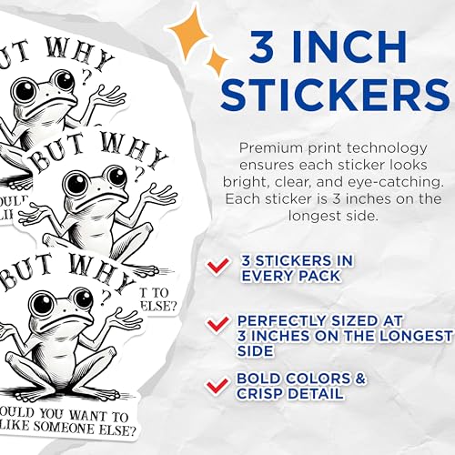(3 Pack) Frog Meme Decals - Existential Question - Funny Laptop Decal - 3 Inches On Longest Side - Easy Peel & Apply - Made in USA - 3MCS6375