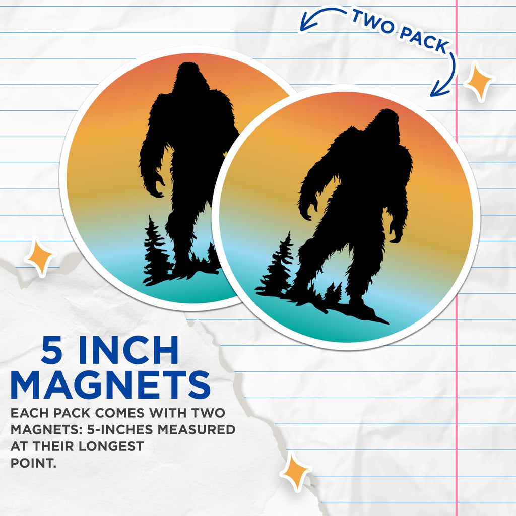 (2 Pack) Bigfoot Sasquatch Magnets - Mythical Cryptid Creature - Nature Forest Sunset Refrigerator Decor - 5 Inches On Longest Side - Thick Durable Magnet - Made in USA - MAG22586