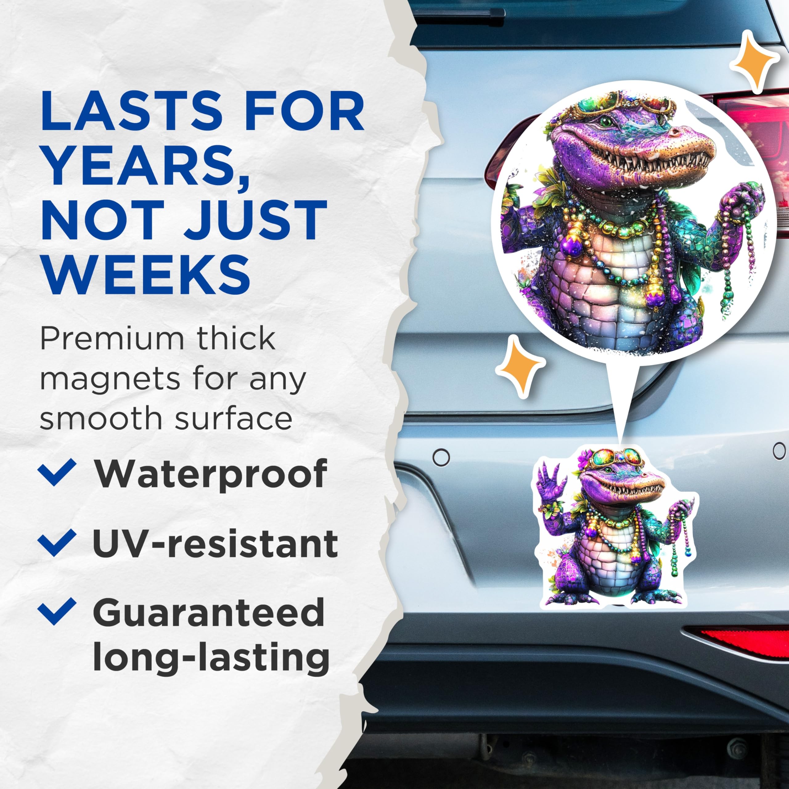 (2 Pack) Mardi Gras Alligator Magnets - Party Gator Magnet - Fridge Magnets - 5" On Longest Side - Premium Magnet - for Cars, Refrigerators, Toolboxes, Lockers - Made in USA - MAG14592