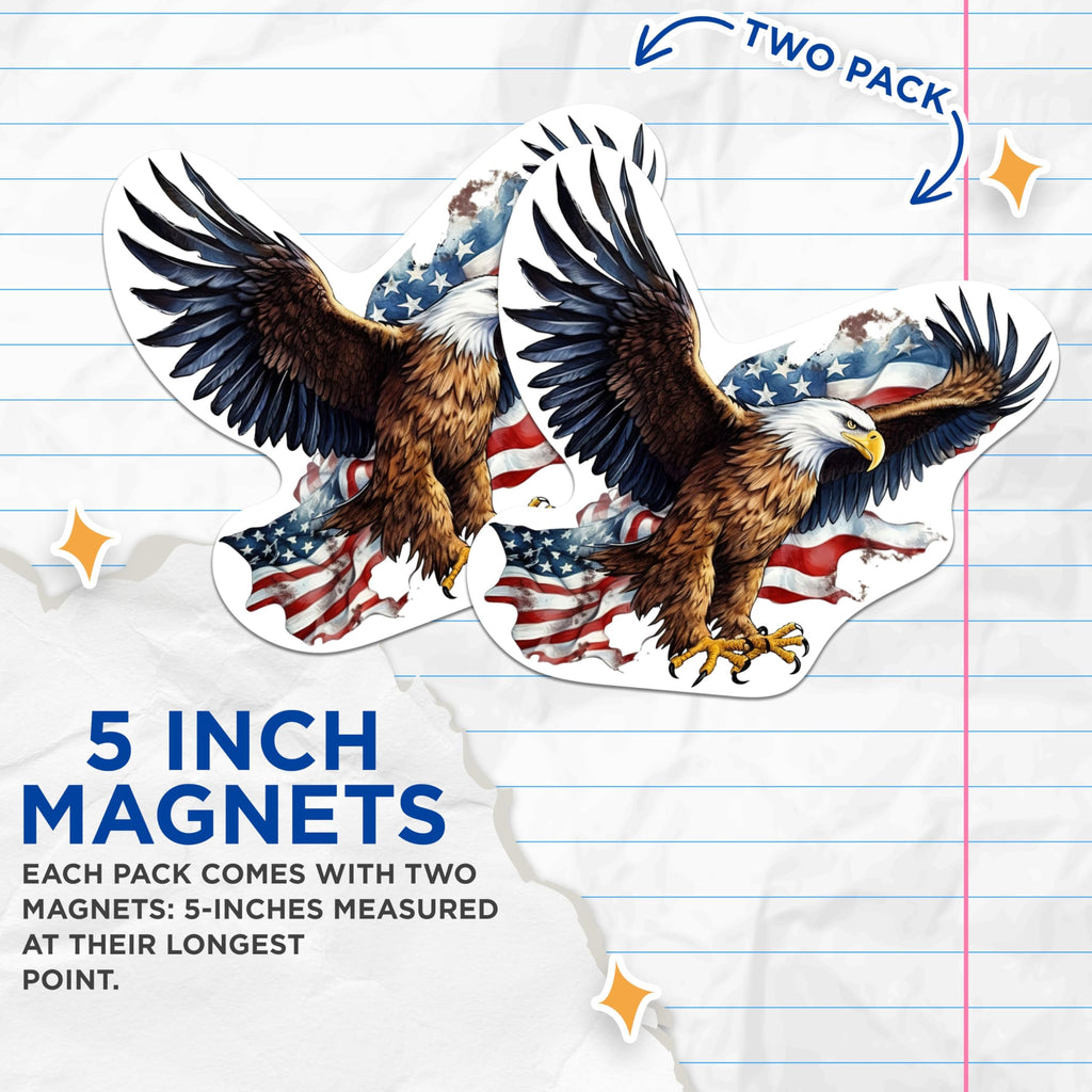 (2 Pack) Bald Eagle American Flag Patriotic Magnets - USA American Pride - 5 Inches On Longest Side - Premium Magnet - for Cars, Refrigerators, Toolboxes - Made in USA - MAG2235