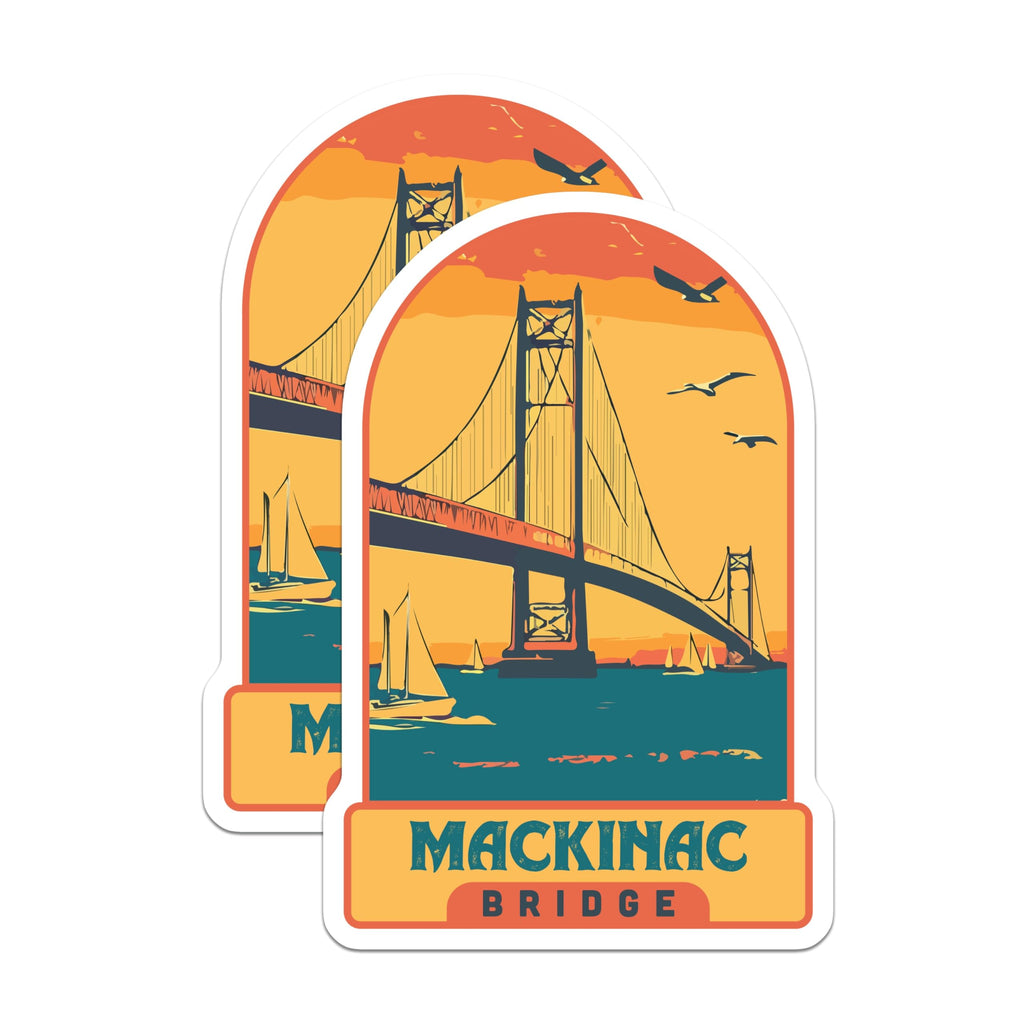 (2 Pack) Mackinac Bridge Magnets - Michigan Travel Souvenir - Vintage Style Landmark Art - 5 Inches On Longest Side - Thick Durable Magnet - Made in USA - MAG19668