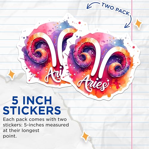(2 Pack) Aries Zodiac Sign Stickers - Astrological Sign Art - Colorful Watercolor Sticker - 5" On Longest Side - Sticks to Smooth Flat Surfaces - Made in USA - BMCS7174