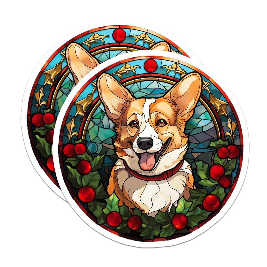 (2 Pack) Stained Glass Corgi Magnets - Christmas Dog Decor - Holiday Pet Lover Present - 5 Inches On Longest Side - Thick Durable Magnet - Made in USA - MAG30425