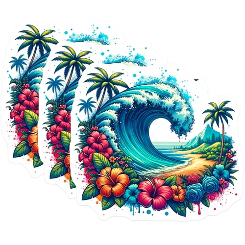 (3 Pack) Tropical Wave Decals - Floral Beach Design - Summer Vibe Decals- 3 Inches On Longest Side - Easy Peel & Apply - Made in USA - 3MCS5760