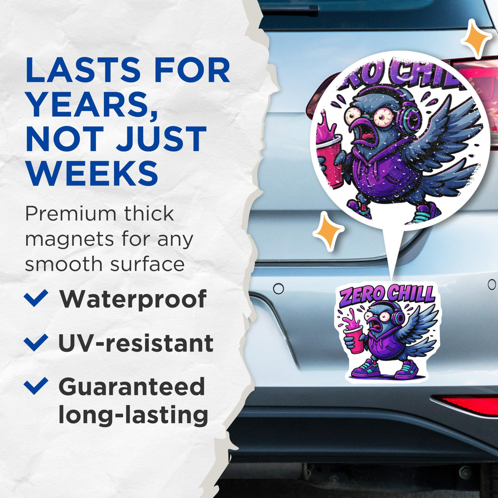 (2 Pack) Zero Chill Pigeon Magnets - Funny Bird Decal - Hype Cartoon Fridge - Urban Animal Art - Sarcastic Locker Decor - 5 Inches On Longest Side - Thick Durable Magnet - Made in USA - MAG20511