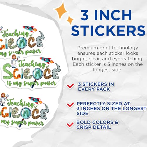 (3 Pack) Science Teacher Decals - Teaching is My Superpower - Scientist Decal - 3 Inches On Longest Side - Easy Peel & Apply - Made in USA - 3MCS4434