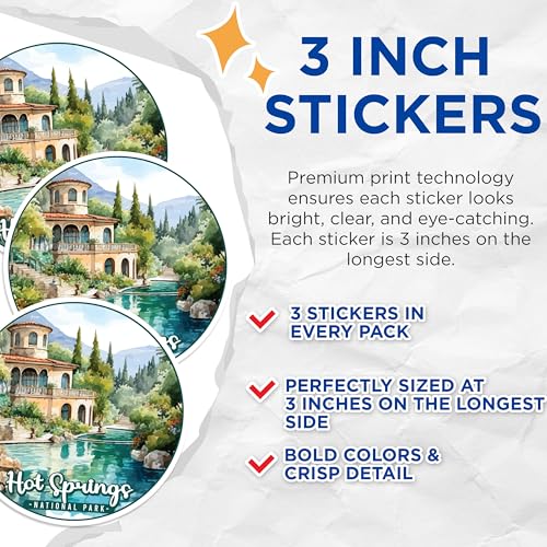 (3 Pack) Hot Springs Decals - National Park Stickers - Laptop Decal - 3 Inches On Longest Side - Easy Peel & Apply - Made in USA - 3MCS0508