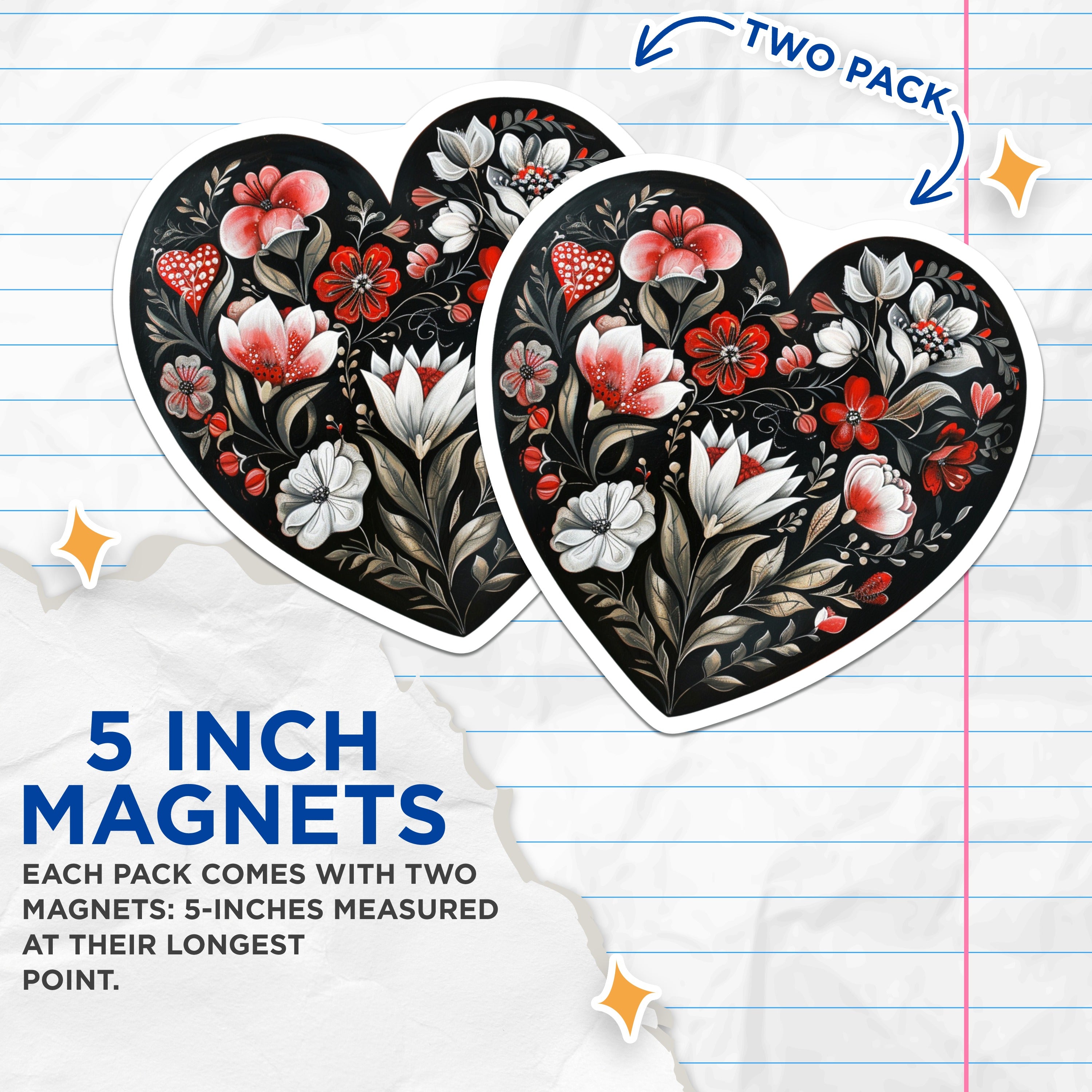 (2 Pack) Floral Heart Magnets - Folk Art Refrigerator Decor - Romantic Kitchen Accessories - 5 Inches On Longest Side - Thick Durable Magnet - Made in USA - MAG38928