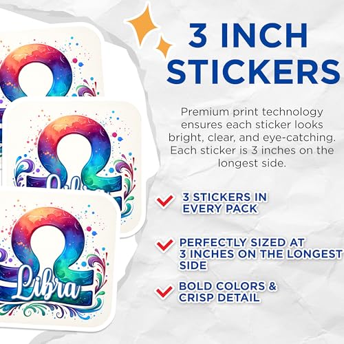 (3 Pack) Libra Zodiac Sign Decals - Astrology Horoscope - Colorful Laptop Decal- 3 Inches On Longest Side - Easy Peel & Apply - Made in USA - 3MCS5596