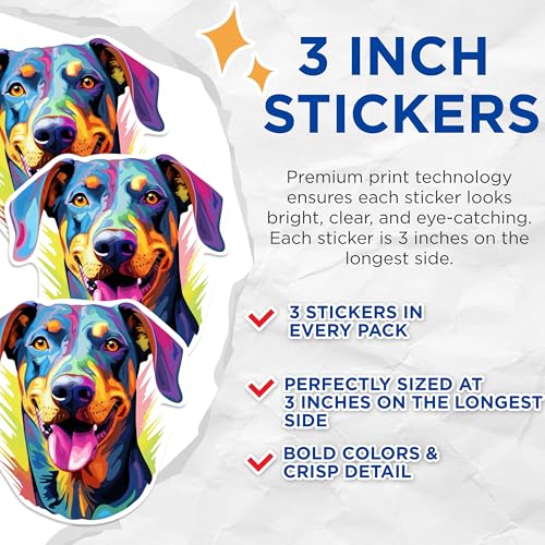(3 Pack) Doberman Pinscher Decals - Colorful Dog Art - Laptop Decal - 3 Inches On Longest Side - Easy Peel & Apply - Made in USA - 3MCS0721