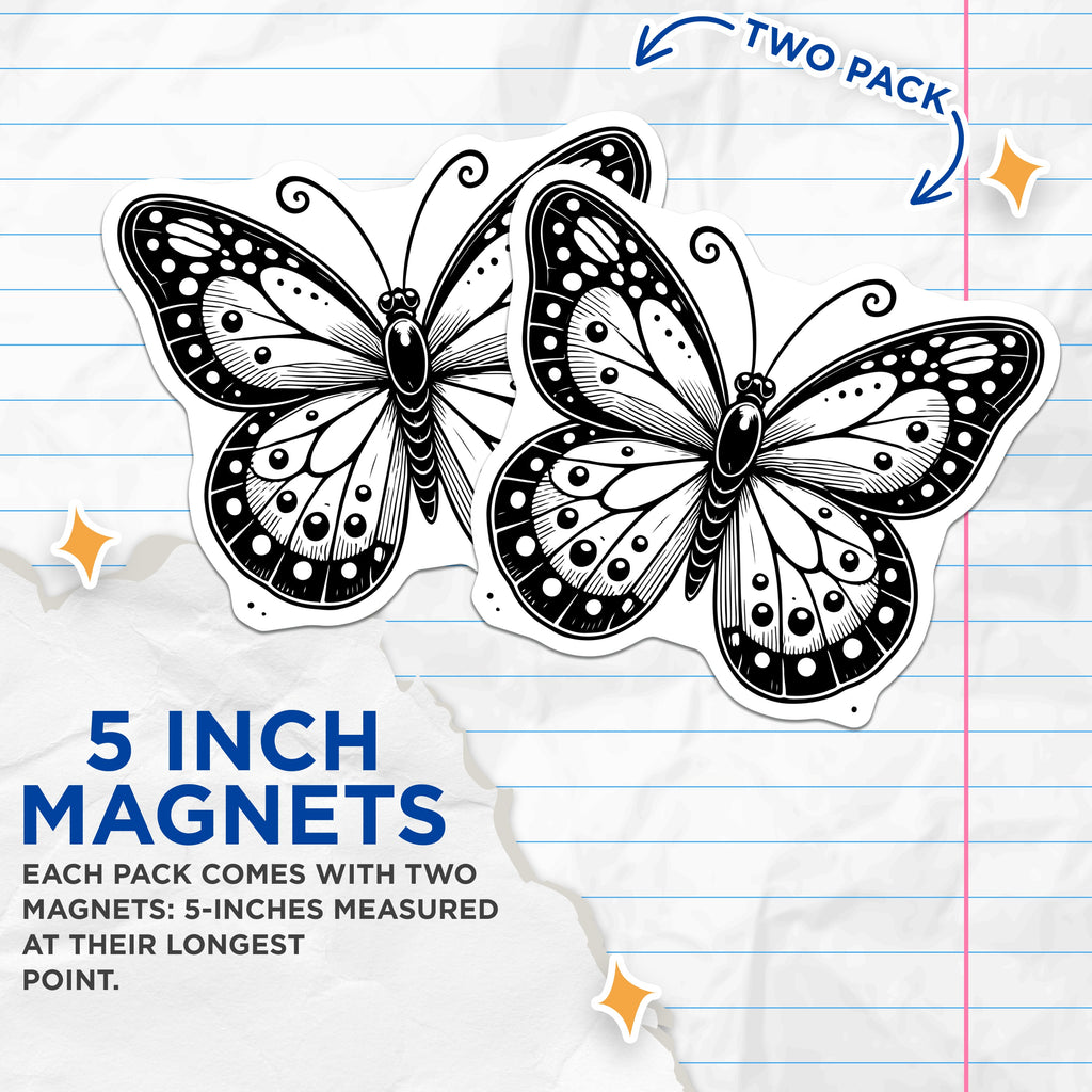 (2 Pack) Butterfly Magnets - Minimalist Black White Aesthetic Decor - Intricate Line Art Fridge Locker Decoration - 5 Inches On Longest Side - Thick Durable Magnet - Made in USA - MAG38107