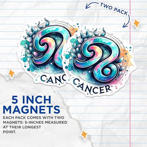 (2 Pack) Cancer Zodiac Sign Magnets - Colorful Astrology Art - Horoscope Fridge Magnets - 5" On Longest Side - for Cars, Fridges, Toolboxes - Made in USA - MAG7034