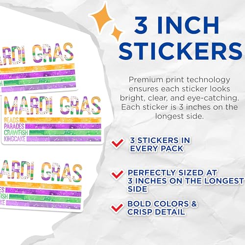 (3 Pack) Mardi Gras Decals - Beads Parades Crawfish - Laptop Decal- 3 Inches On Longest Side - Easy Peel & Apply - Made in USA - 3MCS5150