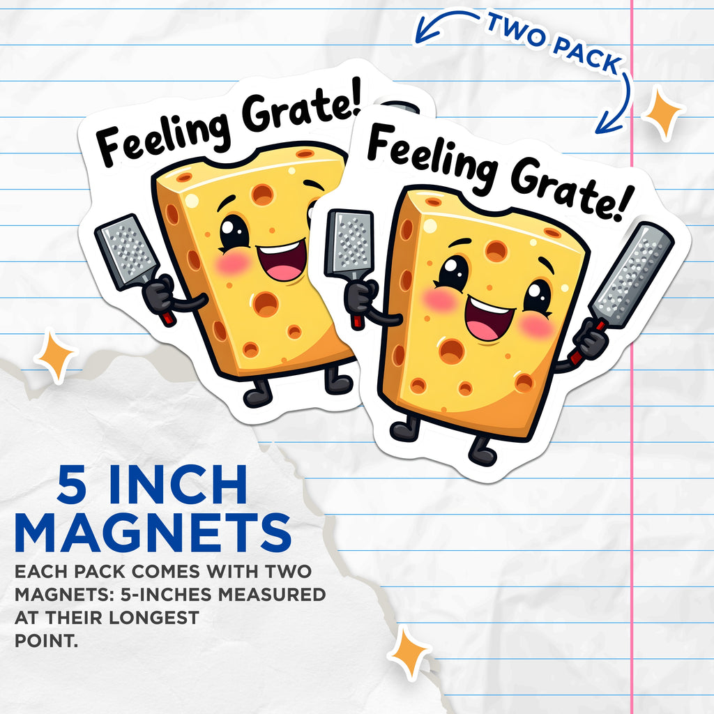 (2 Pack) Feeling Grate Cheese Pun Magnets - Funny Kitchen Refrigerator Decor - Cute Foodie Humor Accessory - 5 Inches On Longest Side - Thick Durable Magnet - Made in USA - MAG37178