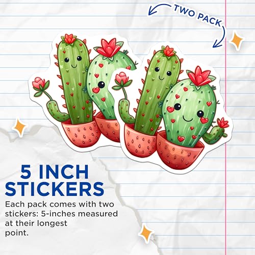 (2 Pack) Cute Cactus Stickers - Happy Kawaii Plants - Succulent Cacti Art Stickers - 5" On Longest Side - Sticks to Smooth Flat Surfaces - Made in USA - BMCS9592