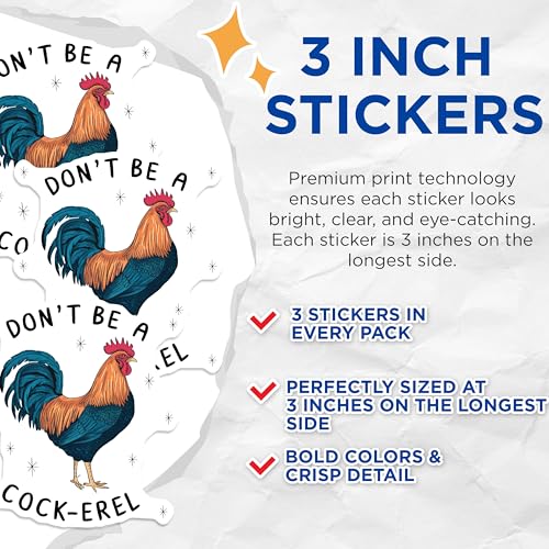 (3 Pack) Cock-Erel Decals - Funny Rooster Decal - Sarcastic Animal Laptop Decals - 3 Inches On Longest Side - Easy Peel & Apply - Made in USA - 3MCS7430