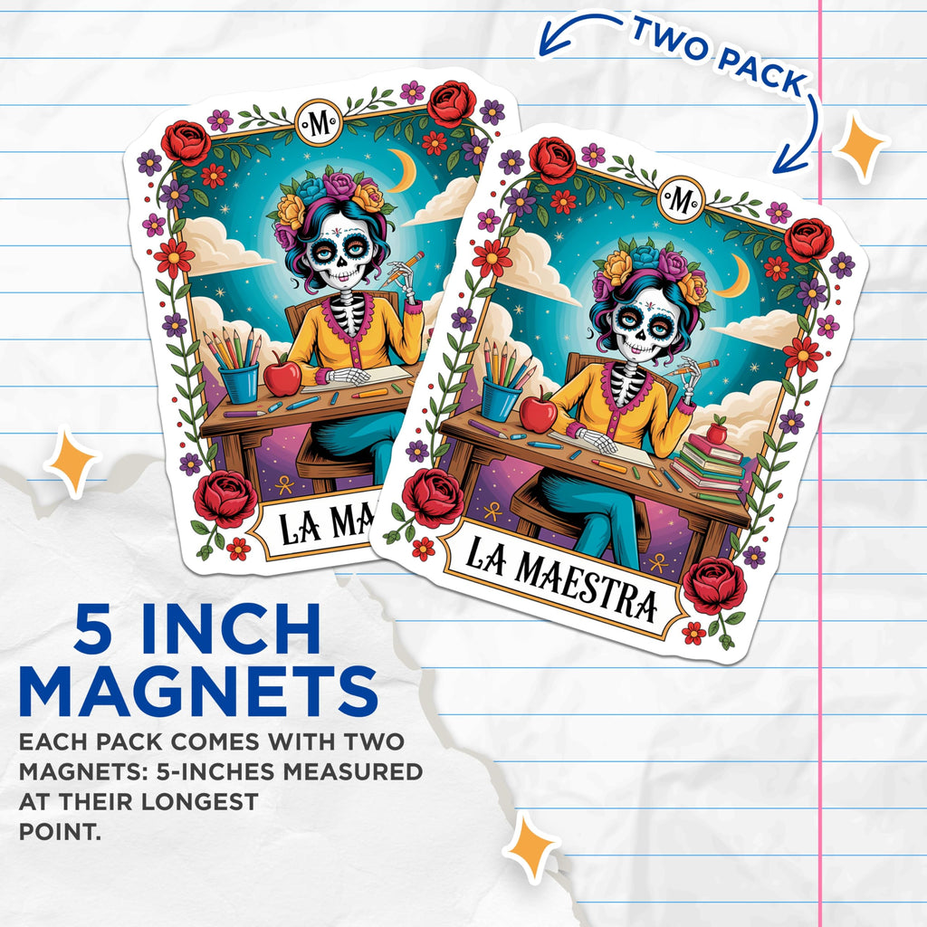 (2 Pack) La Maestra Magnets - Dia de Los Muertos Teacher - Calavera Folk Art Decor - 5 Inches On Longest Side - Thick Durable Magnet - Made in USA - MAG23018