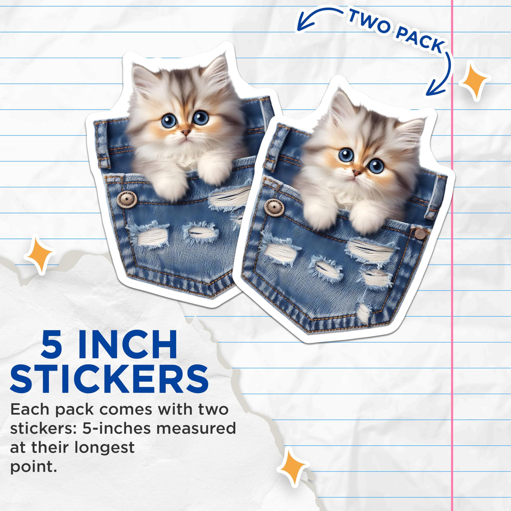 (2 Pack) Kitten Stickers - Pocket Cat Decals - Cute Animal Stickers - 5" On Longest Side - Sticks to Smooth Flat Surfaces - Made in USA - BMCS14792