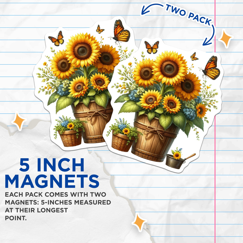 (2 Pack) Sunflower Magnets - Butterfly Floral Decor - Rustic Farmhouse Kitchen Refrigerator Magnet for Summer Spring - 5 Inches On Longest Side - Thick Durable Magnet - Made in USA - MAG38878
