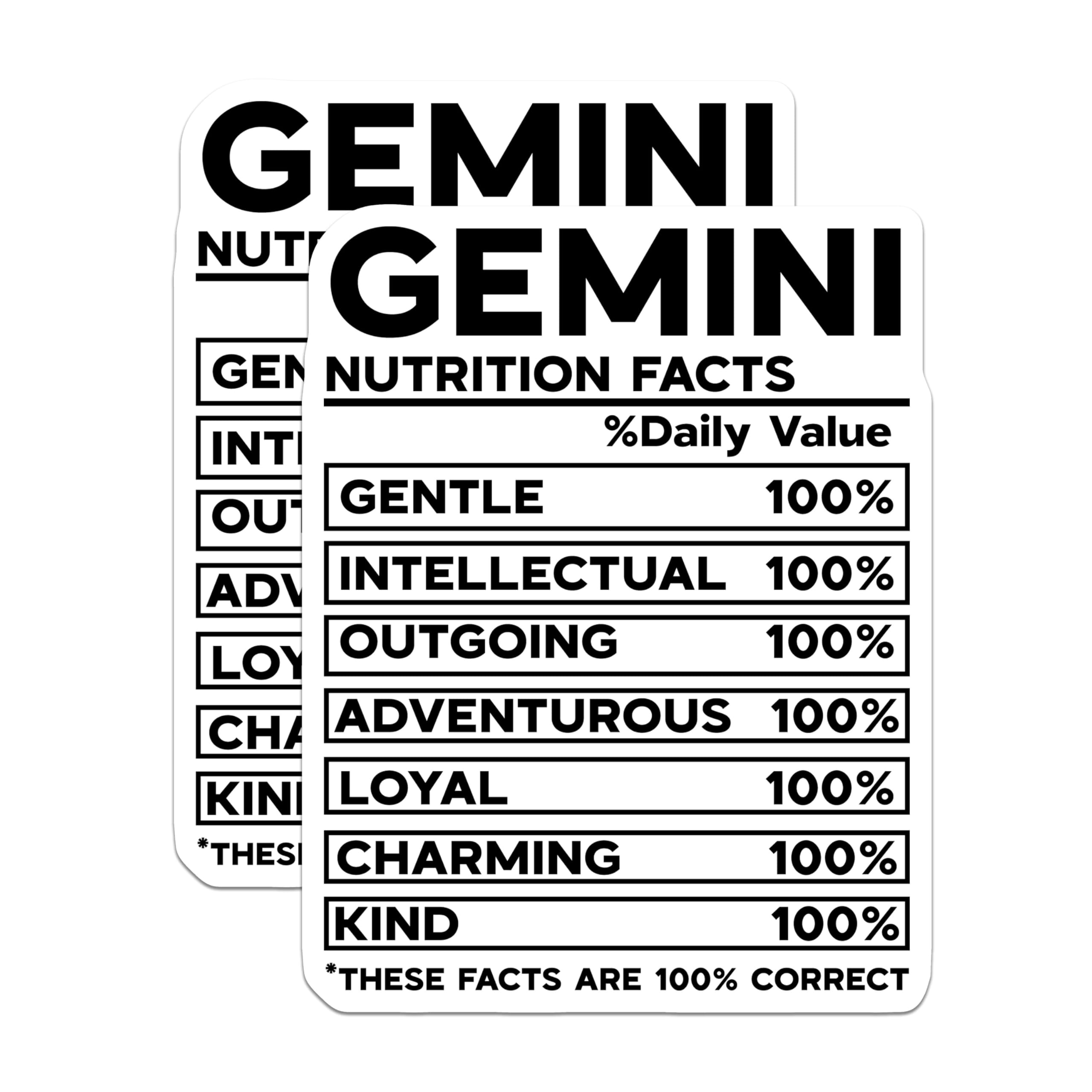 (2 Pack) Gemini Zodiac Sign Stickers - Funny Nutrition Facts Sticker - Astrological Traits Sticker - 5" On Longest Side - Sticks to Smooth Flat Surfaces - Made in USA - BMCS5048