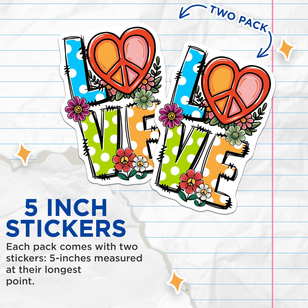 (2 Pack) Love Peace Stickers - Floral Design - Groovy Stickers - 5" On Longest Side - Sticks to Smooth Flat Surfaces - Made in USA - BMCS14331