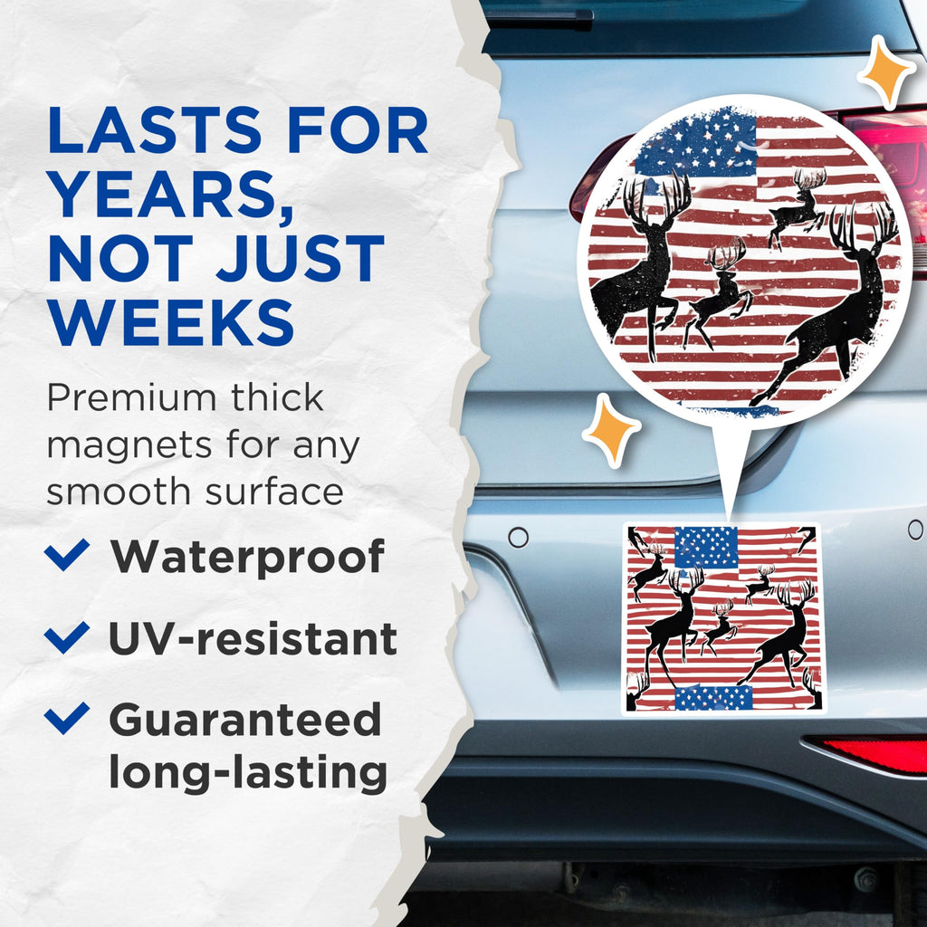 (2 Pack) Deer Silhouette Magnets - American Flag Hunting Design - Patriotic Wildlife Vehicle Decor - 5 Inches On Longest Side - Thick Durable Magnet - Made in USA - MAG19984