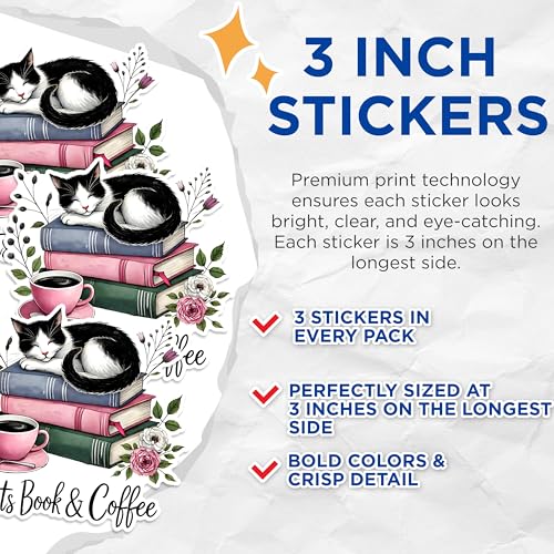 (3 Pack) Cat Book Coffee Decals - Laptop Decals - Planner Stickers - 3 Inches On Longest Side - Easy Peel & Apply - Made in USA - 3MCS1564