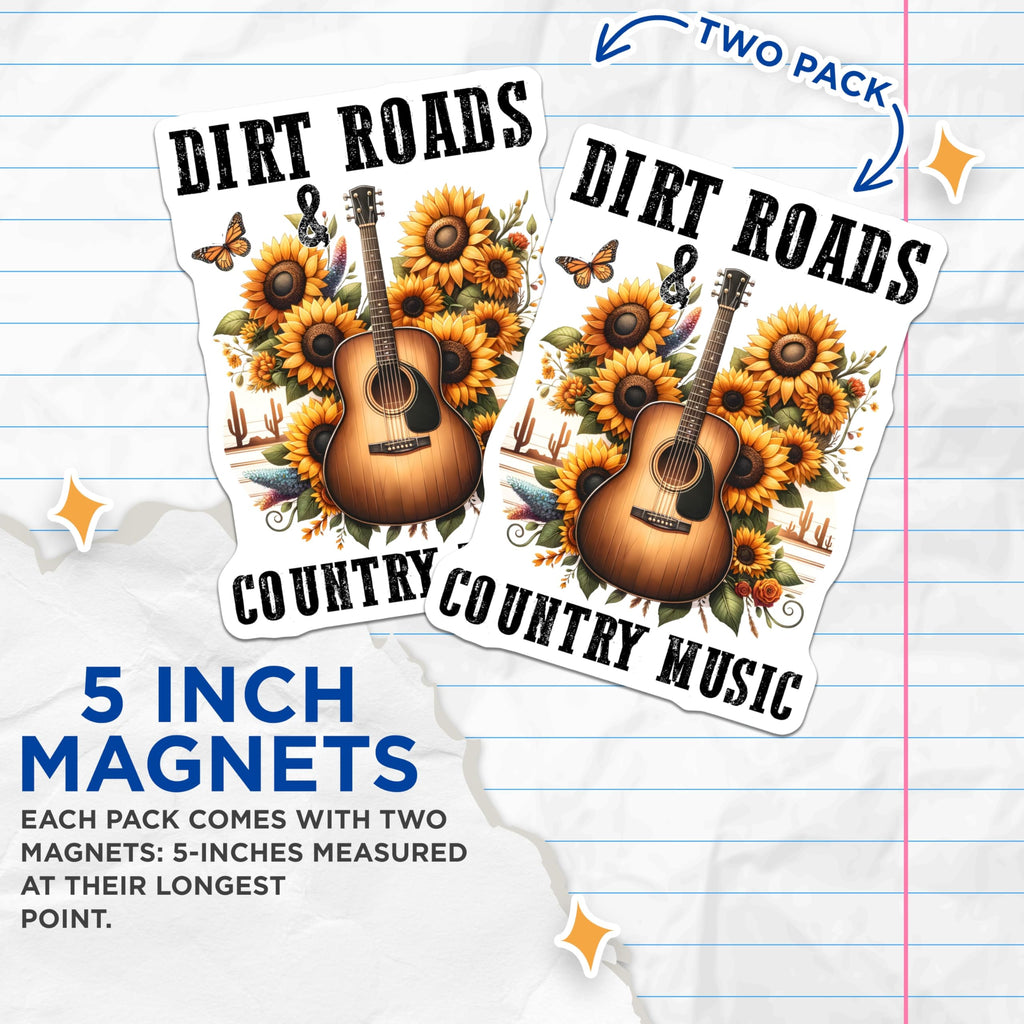 (2 Pack) Country Music Magnets - Guitar Sunflower Design - Dirt Roads Home Decor - 5" On Longest Side - Premium Magnet - for Cars, Refrigerators, Toolboxes, Lockers - Made in USA - MAG15042